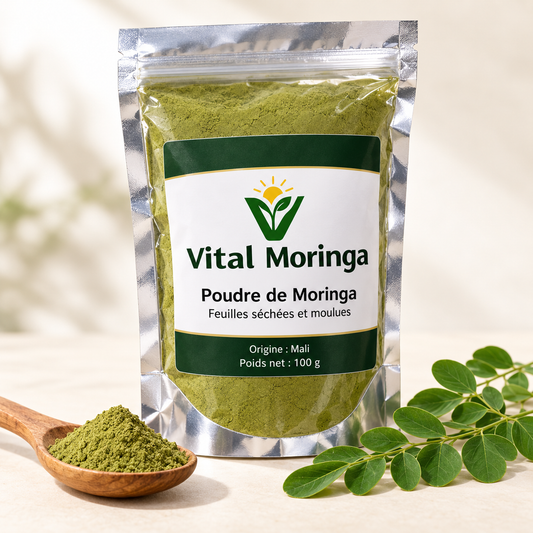 Visuel de présentation Vital Moringa : poudre de moringa 100 g en sachet argenté, avec feuilles et cuillère de poudre